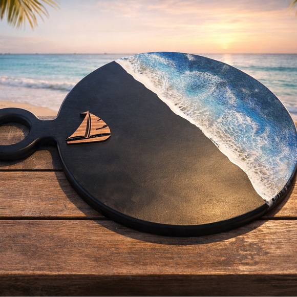 Ocean Wave charcuterie board with wooden sailboat design 14x14”